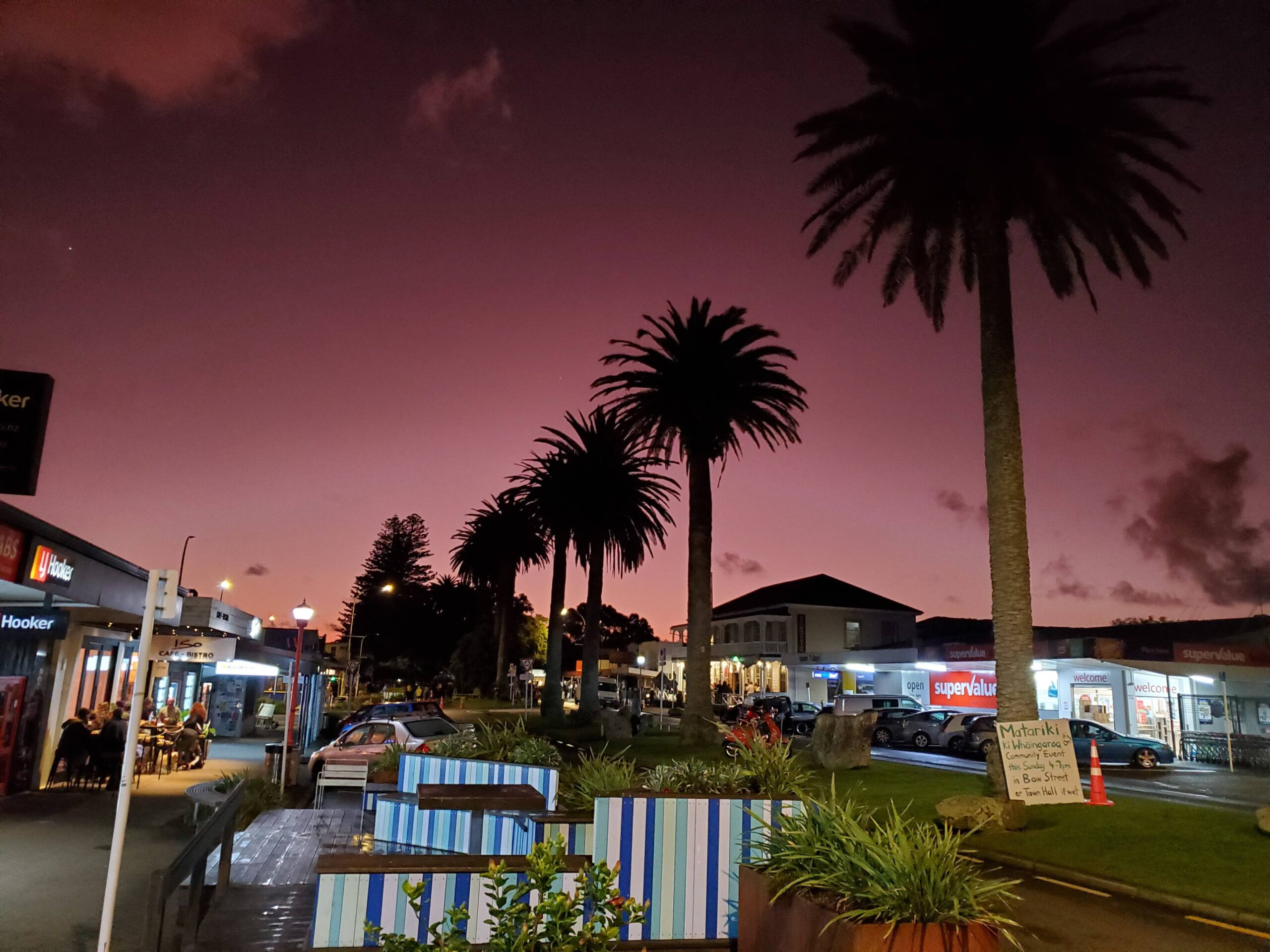 Looking down Bow Street after sunset