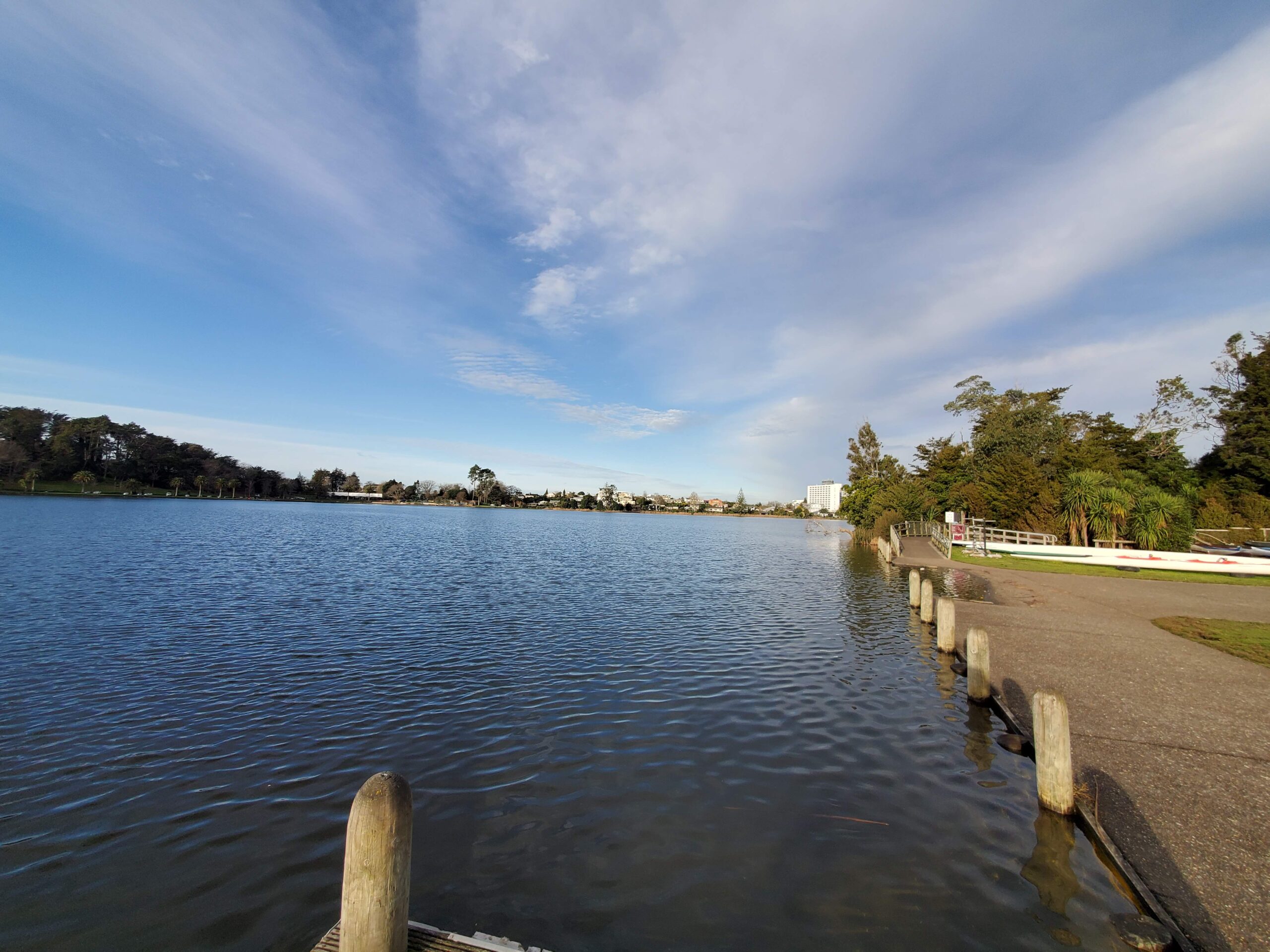 Looking across the lake toward Lake Domain and the Waikato Hospital
