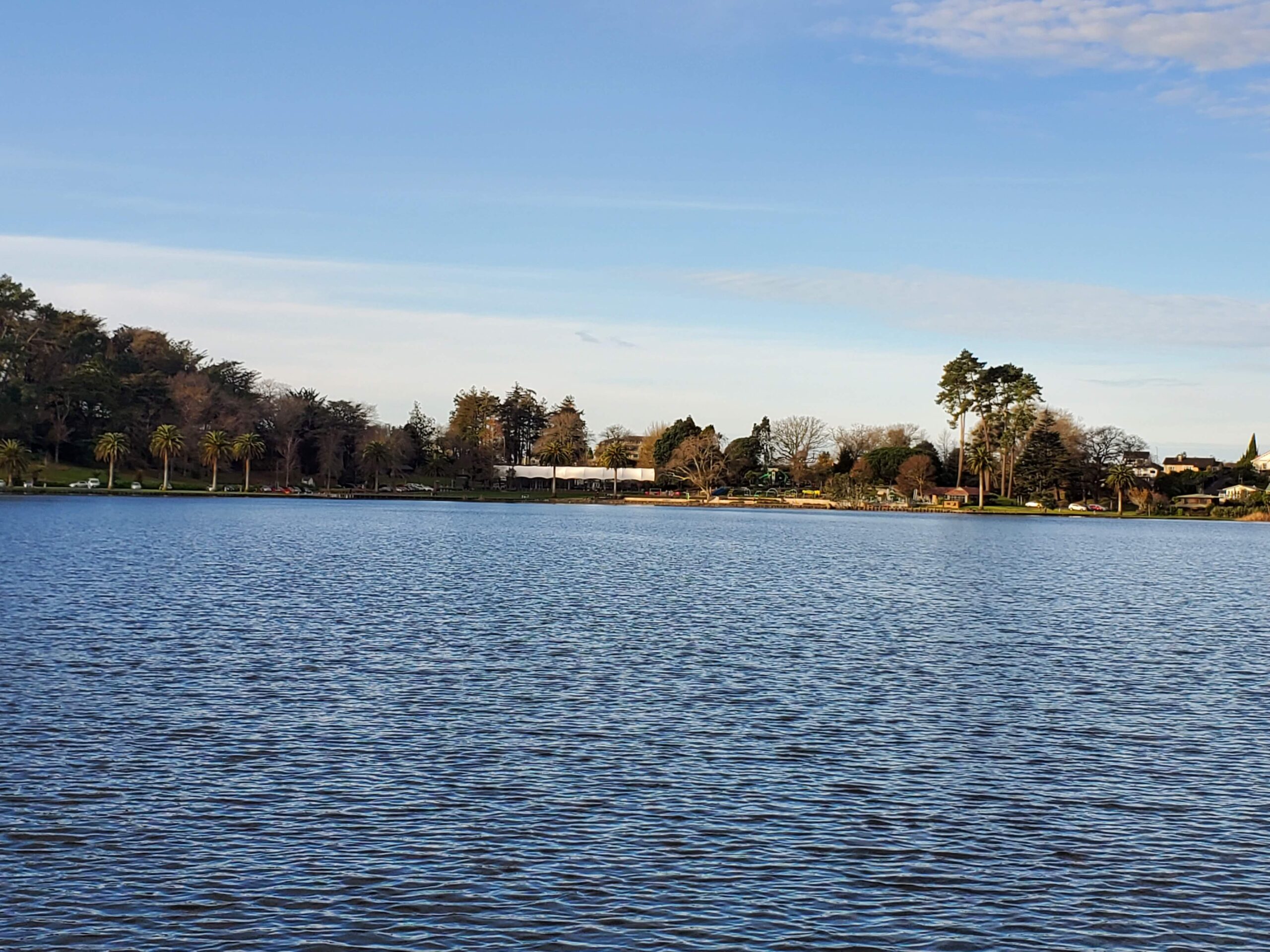 Zoomed in view of the Lake Domain Playground from across the lake